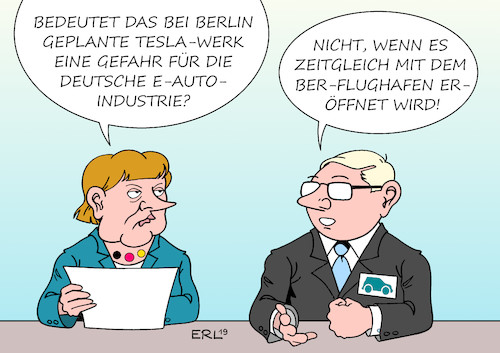 Cartoon: Tesla Berlin (medium) by Erl tagged politik,wirtschaft,industrie,auto,elektroauto,tesla,usa,elon,musk,plan,werk,berlin,nähe,ber,flughafen,pannen,verzögerung,eröffnung,deutschland,merkel,autobauer,karikatur,erl,politik,wirtschaft,industrie,auto,elektroauto,tesla,usa,elon,musk,plan,werk,berlin,nähe,ber,flughafen,pannen,verzögerung,eröffnung,deutschland,merkel,autobauer,karikatur,erl