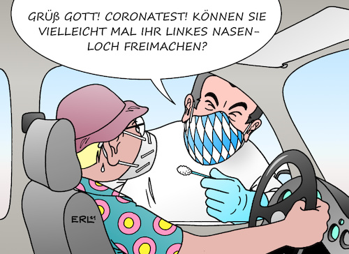 Cartoon: Testpflicht (medium) by Erl tagged politik,corona,virus,pandemie,covid19,vierte,welle,mutation,delta,variante,urlaub,tourismus,reisen,reiserückkehrer,risikogebiet,testpflicht,markus,söder,auto,kontrolle,coronatest,nasenloch,freimachen,karikatur,erl,politik,corona,virus,pandemie,covid19,vierte,welle,mutation,delta,variante,urlaub,tourismus,reisen,reiserückkehrer,risikogebiet,testpflicht,markus,söder,auto,kontrolle,coronatest,nasenloch,freimachen,karikatur,erl