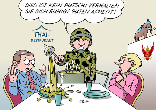 Cartoon: Thailand (medium) by Erl tagged thailand,militär,kriegsrecht,putsch,ruhe,ordnung,regierung,gegner,konflikt,demonstration,restaurant,essen,thailand,militär,kriegsrecht,putsch,ruhe,ordnung,regierung,gegner,konflikt,demonstration,restaurant,essen