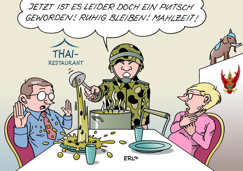 Cartoon: Thailand (medium) by Erl tagged thailand,militär,kriegsrecht,putsch,ruhe,ordnung,regierung,gegner,konflikt,demonstration,restaurant,essen,mahlzeit,thailand,militär,kriegsrecht,putsch,ruhe,ordnung,regierung,gegner,konflikt,demonstration,restaurant,essen,mahlzeit