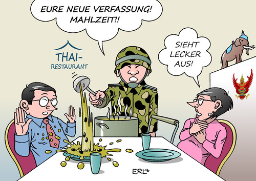 Cartoon: Thailand hat gewählt (medium) by Erl tagged thailand,2014,militärputsch,verfassung,wahl,annahme,zwang,militär,thai,restaurant,essen,eintopf,lecker,karikatur,erl,thailand,2014,militärputsch,verfassung,wahl,annahme,zwang,militär,thai,restaurant,essen,eintopf,lecker,karikatur,erl