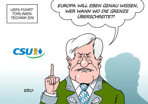 Cartoon: Torlinientechnik (medium) by Erl tagged uefa,einführung,torlinientechnik,fußball,ball,tor,linie,technik,flüchtlinge,eu,grenzen,überwachung,forderung,obergrenze,csu,seehofer,karikatur,erl,uefa,einführung,torlinientechnik,fußball,ball,tor,linie,technik,flüchtlinge,eu,grenzen,überwachung,forderung,obergrenze,csu,seehofer,karikatur,erl