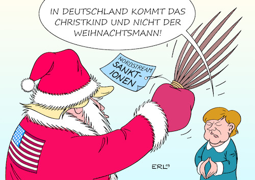 Cartoon: Transatlantische Weihnachten (medium) by Erl tagged politik,usa,praesident,donald,trump,sanktionen,nordstream,pipeline,verlegung,ostsee,russland,deutschland,gas,bundeskanzlerin,angela,merkel,weihnachten,christkind,weihnachtsmann,rute,karikatur,erl,politik,usa,praesident,donald,trump,sanktionen,nordstream,pipeline,verlegung,ostsee,russland,deutschland,gas,bundeskanzlerin,angela,merkel,weihnachten,christkind,weihnachtsmann,rute,karikatur,erl