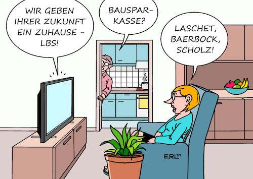 Cartoon: Triell (medium) by Erl tagged bundestagswahl,wahlkampf,kanzlerkandidaten,bündnis,90,die,grünen,annalena,baerbock,cdu,armin,laschet,spd,olaf,scholz,fernsehen,diskussion,triell,duell,drei,lbs,bausparkassen,sparkasse,werbung,werbjingle,wir,geben,ihrer,zukunft,ein,zuhause,karikatur,erl,bundestagswahl,wahlkampf,kanzlerkandidaten,bündnis,90,die,grünen,annalena,baerbock,cdu,armin,laschet,spd,olaf,scholz,fernsehen,diskussion,triell,duell,drei,lbs,bausparkassen,sparkasse,werbung,werbjingle,wir,geben,ihrer,zukunft,ein,zuhause,karikatur,erl