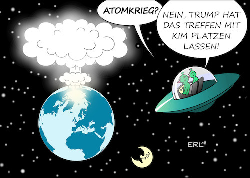 Cartoon: Trump Absage (medium) by Erl tagged politik,usa,präsident,donald,trump,absage,treffen,nordkorea,diktator,kim,jong,un,abrüstung,atomwaffen,diplomatie,gipfel,hoffnung,frieden,platzen,ufo,außerirdische,atomkrieg,erde,welt,weltall,karikatur,erl,politik,usa,präsident,donald,trump,absage,treffen,nordkorea,diktator,kim,jong,un,abrüstung,atomwaffen,diplomatie,gipfel,hoffnung,frieden,platzen,ufo,außerirdische,atomkrieg,erde,welt,weltall,karikatur,erl