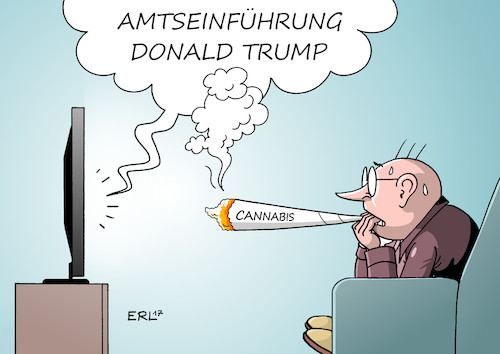 Cartoon: Trump Cannabis (medium) by Erl tagged donald,trump,praesident,usa,amtsantritt,inauguration,rechtspopulismus,sexismus,rassismus,welt,erde,angst,befuerchtungen,schmerz,therapie,cannabis,rezept,erlaubnis,gesetz,bundestag,karikatur,erl,trump