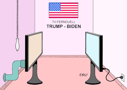 Cartoon: Trump gegen Biden (medium) by Erl tagged politik,usa,wahl,wahlkampf,fernsehen,fernduell,präsident,donald,trump,aussagen,lügen,angeberei,inkompetenz,joe,biden,normalität,tv,gerät,stromkabel,wc,abflußrohr,karikatur,erl,politik,usa,wahl,wahlkampf,fernsehen,fernduell,präsident,donald,trump,aussagen,lügen,angeberei,inkompetenz,joe,biden,normalität,tv,gerät,stromkabel,wc,abflußrohr,karikatur,erl