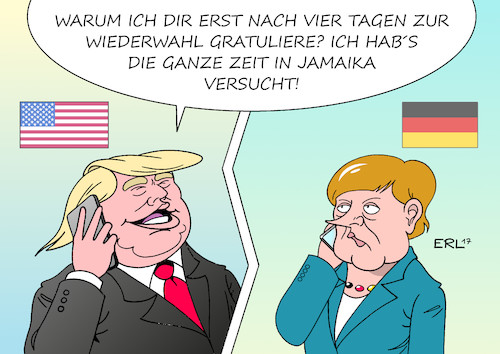 Cartoon: Trump Gratulation (medium) by Erl tagged usa,präsident,donald,trump,verspätung,vier,tage,gratulation,wahlsieg,wiederwahl,bundeskanzlerin,angela,merkel,cdu,bundestagswahl,regierung,regierungsbildung,koalition,jamaika,schwarz,gelb,grün,csu,fdp,bündnis,90,die,grünen,sondierung,verhandlungen,karikatur,erl,usa,präsident,donald,trump,verspätung,vier,tage,gratulation,wahlsieg,wiederwahl,bundeskanzlerin,angela,merkel,cdu,bundestagswahl,regierung,regierungsbildung,koalition,jamaika,schwarz,gelb,grün,csu,fdp,bündnis,90,die,grünen,sondierung,verhandlungen,karikatur,erl