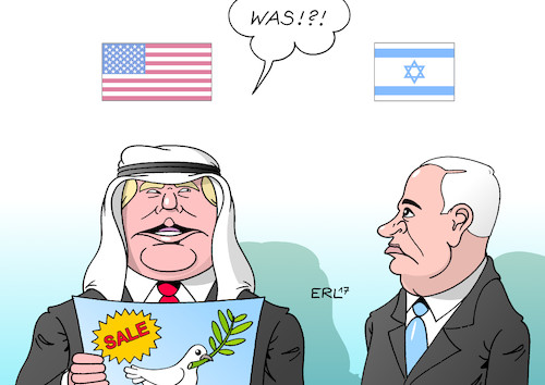 Cartoon: Trump Israel (medium) by Erl tagged usa,präsident,donald,trump,reise,nahost,saudi,arabien,waffen,verkauf,deal,strategie,frieden,israel,ministerpräsident,benjamin,netanjahu,irritation,unberechenbarkeit,friedenstaube,prospekt,angebot,handel,karikatur,erl,usa,präsident,donald,trump,reise,nahost,saudi,arabien,waffen,verkauf,deal,strategie,frieden,israel,ministerpräsident,benjamin,netanjahu,irritation,unberechenbarkeit,friedenstaube,prospekt,angebot,handel,karikatur,erl