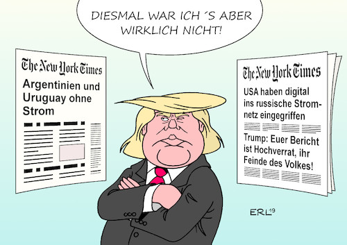 Cartoon: Trump New York Times (medium) by Erl tagged politik,medien,zeitung,tageszeitung,new,york,times,bericht,usa,eingriff,digital,stromnetz,russland,präsident,donald,trump,hochverrat,journalisten,feinde,des,volkes,stromausfall,argentinien,uruguay,karikatur,erl,politik,medien,zeitung,tageszeitung,new,york,times,bericht,usa,eingriff,digital,stromnetz,russland,präsident,donald,trump,hochverrat,journalisten,feinde,des,volkes,stromausfall,argentinien,uruguay,karikatur,erl