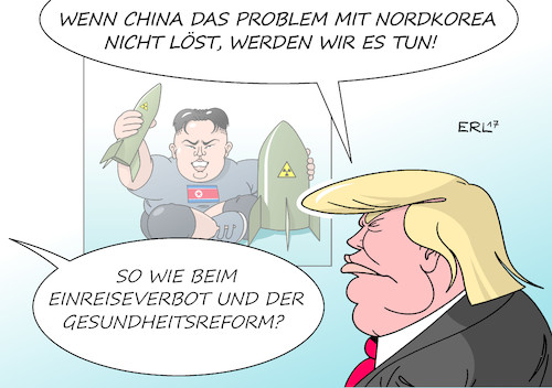 Cartoon: Trump Nordkorea (medium) by Erl tagged nordkorea,diktator,kim,jong,un,atomwaffen,problem,gefahr,schutzmacht,china,usa,präsident,donald,trump,drängen,lösung,außenpolitik,innenpolitik,scheitern,einreiseverbot,muslime,gesundheitsreform,obamacare,trumpcare,karikatur,erl,nordkorea,diktator,kim,jong,un,atomwaffen,problem,gefahr,schutzmacht,china,usa,präsident,donald,trump,drängen,lösung,außenpolitik,innenpolitik,scheitern,einreiseverbot,muslime,gesundheitsreform,obamacare,trumpcare,karikatur,erl