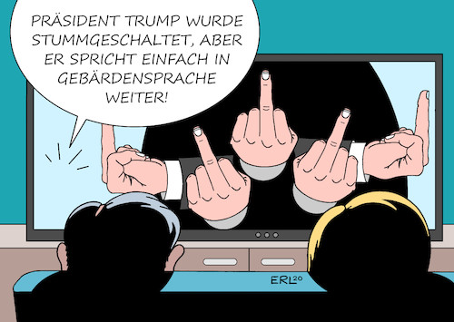 Cartoon: Trump stummgeschaltet (medium) by Erl tagged politik,usa,wahl,wahlkampf,tv,duell,präsident,donald,trump,republikaner,herausforderer,joe,biden,demokraten,redeschwall,änderung,stummschalten,gebärdensprache,fuckfinger,stinkefinger,karikatur,erl,politik,usa,wahl,wahlkampf,tv,duell,präsident,donald,trump,republikaner,herausforderer,joe,biden,demokraten,redeschwall,änderung,stummschalten,gebärdensprache,fuckfinger,stinkefinger,karikatur,erl