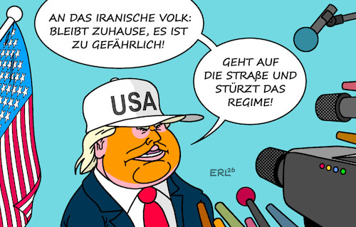 Cartoon: Trumps Botschaft (medium) by Erl tagged politik,usa,trump,angriff,iran,tötung,chamenei,bombardierung,aufforderung,volk,zuhause,bleiben,gefahr,straße,sturz,regime,karikatur,erl,politik,usa,trump,angriff,iran,tötung,chamenei,bombardierung,aufforderung,volk,zuhause,bleiben,gefahr,straße,sturz,regime,karikatur,erl