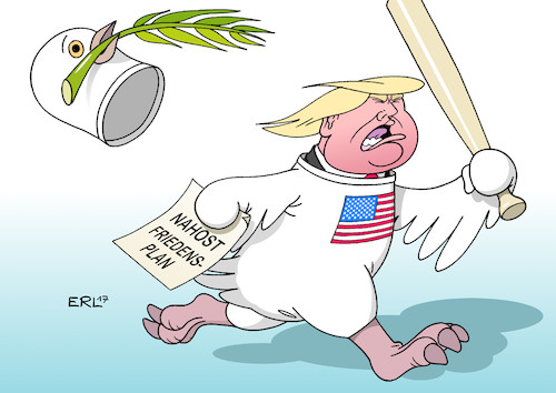 Cartoon: Trumps Friedensplan (medium) by Erl tagged usa,präsident,donald,trump,nahost,frieden,nahostfrieden,plan,friedensplan,anerkennung,jerusalem,hauptstadt,israel,konflikt,vorprogrammiert,palästina,palästinenser,zweistaatenlösung,zwei,staaten,lösung,ferne,baseballschläger,holzhammer,friedenstaube,verkleidung,maske,diplomatie,karikatur,erl,usa,präsident,donald,trump,nahost,frieden,nahostfrieden,plan,friedensplan,anerkennung,jerusalem,hauptstadt,israel,konflikt,vorprogrammiert,palästina,palästinenser,zweistaatenlösung,zwei,staaten,lösung,ferne,baseballschläger,holzhammer,friedenstaube,verkleidung,maske,diplomatie,karikatur,erl