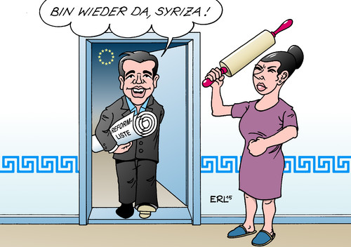 Cartoon: Tsipras und Syriza (medium) by Erl tagged griechenland,krise,schulden,euro,hilfe,geldgeber,bedingung,sparen,sparkurs,reformen,armut,bankrott,staatsbankrott,pleite,staatspleite,eurozone,austritt,grexit,entscheidung,finanzen,geld,gipfel,sondergipfel,zugeständnis,syriza,frau,nudelholz,karikatur,erl,griechenland,krise,schulden,euro,hilfe,geldgeber,bedingung,sparen,sparkurs,reformen,armut,bankrott,staatsbankrott,pleite,staatspleite,eurozone,austritt,grexit,entscheidung,finanzen,geld,gipfel,sondergipfel,zugeständnisse,reaktion,syriza,partei,nudelholz,frau,ehefrau