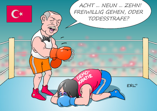 Cartoon: Türkei (medium) by Erl tagged türkei,präsident,erdogan,referendum,verfassung,änderung,präsidialsystem,einschränkung,demokratie,gewaltenteilung,grundrechte,pressefreiheit,parlament,einführung,todesstrafe,schlagring,blut,neutralität,wahlkampf,putsch,ausnahmezustand,karikatur,erl,türkei,präsident,erdogan,referendum,abstimmung,verfassung,änderung,präsidialsystem,einschränkung,demokratie,gewaltenteilung,grundrechte,meinungsfreiheit,pressefreiheit,schwächung,parlament,wiedreinführung,todesstrafe,boxkampf,boxhandschuh,schlagring,veilchen,blut,ringrichter,neutralität,wahlkampf,unfair,putsch,verhaftungen,journalisten,ausnahmezustand,karikatur,erl