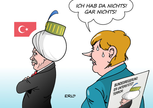 Cartoon: Türkei Bericht (medium) by Erl tagged türkei,bericht,bundesregierung,präsident,erdogan,unterstützung,terror,brisant,belastung,beziehungen,flüchtlinge,abkommen,deal,gefahr,lage,instabil,militärputsch,säuberung,verhaftungen,demokratie,bundeskanzlerin,angela,merkel,karikatur,erl,türkei,bericht,bundesregierung,präsident,erdogan,unterstützung,terror,brisant,belastung,beziehungen,flüchtlinge,abkommen,deal,gefahr,lage,instabil,militärputsch,säuberung,verhaftungen,demokratie,bundeskanzlerin,angela,merkel,karikatur,erl