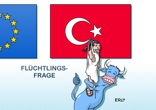 Cartoon: Türkei EU (medium) by Erl tagged eu,türkei,gipfel,flüchtlinge,flüchtlingskrise,abhängigkeit,bedingungen,beitritt,verhandlungen,europa,stier,flagge,karikatur,erl,eu,türkei,gipfel,flüchtlinge,flüchtlingskrise,abhängigkeit,bedingungen,beitritt,verhandlungen,europa,stier,flagge,karikatur,erl