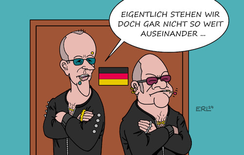 Cartoon: Türsteher (medium) by Erl tagged politik,terror,terrorismus,islamismus,solingen,anschlag,terroranschlag,messer,angst,schrecken,misstrauen,flüchtlinge,migration,asyl,asylpolitik,wählerstimmen,afd,treffen,bundeskanzler,olaf,scholz,oppositionsführer,cdu,chef,friedrich,merz,forderung,asylwende,türsteher,positionen,nah,karikatur,erl,politik,terror,terrorismus,islamismus,solingen,anschlag,terroranschlag,messer,angst,schrecken,misstrauen,flüchtlinge,migration,asyl,asylpolitik,wählerstimmen,afd,treffen,bundeskanzler,olaf,scholz,oppositionsführer,cdu,chef,friedrich,merz,forderung,asylwende,türsteher,positionen,nah,karikatur,erl