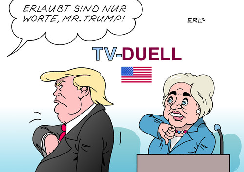 Cartoon: TV-Duell USA (medium) by Erl tagged tv,duell,fernsehen,usa,wahl,präsidentschaft,präsidentschaftswahl,kandidaten,hillary,clinton,demokraten,donald,trump,republikaner,rechtspopulismus,aggression,gefühl,waffen,fakten,verweigerung,pöbelei,gewalt,worte,argumente,medien,karikatur,erl,tv,duell,fernsehen,usa,wahl,präsidentschaft,präsidentschaftswahl,kandidaten,hillary,clinton,demokraten,donald,trump,republikaner,rechtspopulismus,aggression,gefühl,waffen,fakten,verweigerung,pöbelei,gewalt,worte,argumente,medien,karikatur,erl