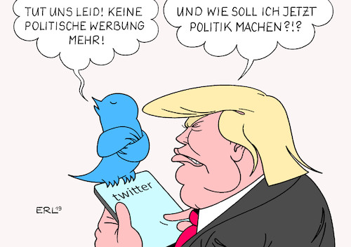 Cartoon: Twitter (medium) by Erl tagged politik,twitter,kurznachrichten,dienst,internet,verzicht,werbung,politisch,partei,usa,präsident,donald,trump,kommunikation,weltpolitik,smartphone,unfähigkeit,rechtspopulismus,nationalismus,rassismus,logo,vogel,karikatur,erl,politik,twitter,kurznachrichten,dienst,internet,verzicht,werbung,politisch,partei,usa,präsident,donald,trump,kommunikation,weltpolitik,smartphone,unfähigkeit,rechtspopulismus,nationalismus,rassismus,logo,vogel,karikatur,erl