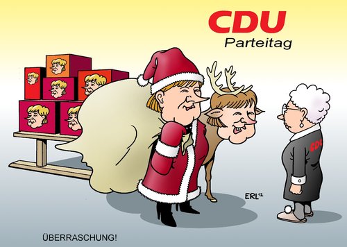 Cartoon: Überraschung! (medium) by Erl tagged cdu,partei,parteitag,bundeskanzlerin,angela,merkel,weihnachtsmann,nikolaus,geschenke,überraschung,rentier,schlitten,allmacht,führung,cdu,partei,parteitag,bundeskanzlerin,angela,merkel,weihnachtsmann,nikolaus,geschenke,überraschung,rentier,schlitten,allmacht,führung