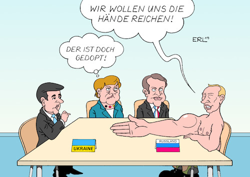 Cartoon: Ukraine Russland Doping (medium) by Erl tagged politik,gipfel,paris,selenskyj,putin,merkel,macron,krieg,ostukraine,ukraine,russland,deutschland,frankreich,eu,sanktionen,annexion,krim,hand,hände,tisch,muskeln,doping,sperre,karikatur,erl,politik,gipfel,paris,selenskyj,putin,merkel,macron,krieg,ostukraine,ukraine,russland,deutschland,frankreich,eu,sanktionen,annexion,krim,hand,hände,tisch,muskeln,doping,sperre,karikatur,erl