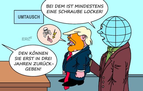 Cartoon: Umtausch (medium) by Erl tagged politik,weihnachten,geschenke,umtausch,erde,trump,lügen,beleidigungen,wahlen,karikatur,erl,politik,weihnachten,geschenke,umtausch,erde,trump,lügen,beleidigungen,wahlen,karikatur,erl