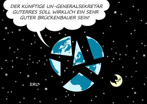 Cartoon: UN-Generalsekretär (medium) by Erl tagged un,uno,generalsekretär,ban,ki,moon,amtszeit,ende,neu,künftig,antonio,guterres,portugal,brückenbauer,erde,welt,gespalten,krieg,armut,ungleichheit,terror,mond,weltall,karikatur,erl,un,uno,generalsekretär,ban,ki,moon,amtszeit,ende,neu,künftig,antonio,guterres,portugal,brückenbauer,erde,welt,gespalten,krieg,armut,ungleichheit,terror,mond,weltall,karikatur,erl