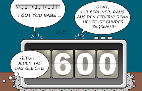 Cartoon: Und täglich grüßt das Murmeltier (medium) by Erl tagged politik,berlin,wiederholung,bundestagswahl,wahl,chaos,stimmzettel,wahllokale,film,und,täglich,grüßt,das,murmeltier,bill,murray,andie,macdowell,zeitschleife,radiowecker,wecker,lied,song,got,you,babe,sonny,and,cher,karikatur,erl,politik,berlin,wiederholung,bundestagswahl,wahl,chaos,stimmzettel,wahllokale,film,und,täglich,grüßt,das,murmeltier,bill,murray,andie,macdowell,zeitschleife,radiowecker,wecker,lied,song,got,you,babe,sonny,and,cher,karikatur,erl