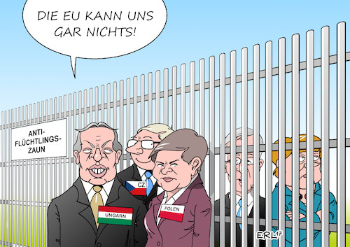 Cartoon: Ungarn Polen Tschechien (medium) by Erl tagged eu,kommission,klage,europäischer,gerichtshof,ungarn,polen,tschechien,weigerung,aufnahme,flüchtlinge,verteilung,schlüssel,entlastung,italien,griechenland,orban,szydlow,rechtspopulismus,nationalismus,rassismus,zaun,grenzzaun,werte,solidarität,juncker,merkel,karikatur,erl,eu,kommission,klage,europäischer,gerichtshof,ungarn,polen,tschechien,weigerung,aufnahme,flüchtlinge,verteilung,schlüssel,entlastung,italien,griechenland,orban,szydlow,rechtspopulismus,nationalismus,rassismus,zaun,grenzzaun,werte,solidarität,juncker,merkel,karikatur,erl