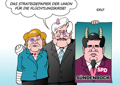 Cartoon: Unions-Strategie (medium) by Erl tagged flüchtlinge,deutschland,streit,seehofer,merkel,gipfel,regierung,koalition,cdu,csu,spd,sündenbock,gabriel,veilchen,blaues,auge,gipsarm,strategie,papier,karikatur,erl,flüchtlinge,deutschland,streit,seehofer,merkel,gipfel,regierung,koalition,cdu,csu,spd,sündenbock,gabriel,veilchen,blaues,auge,gipsarm,strategie,papier,karikatur,erl