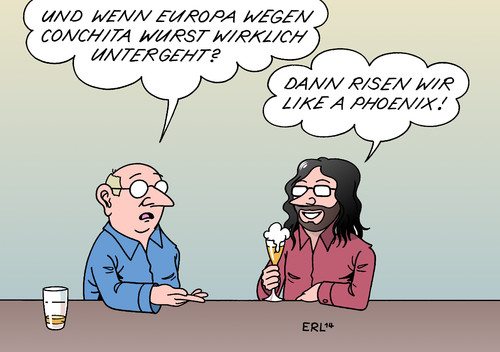 Cartoon: Untergang (medium) by Erl tagged eurovision,song,contetst,conchita,wurst,siegerin,lied,rise,like,phoenix,homosexualität,travestie,mann,frau,bart,kritik,russland,untergang,europa,eurovision,song,contetst,conchita,wurst,siegerin,lied,rise,like,phoenix,homosexualität,travestie,mann,frau,bart,kritik,russland,untergang,europa