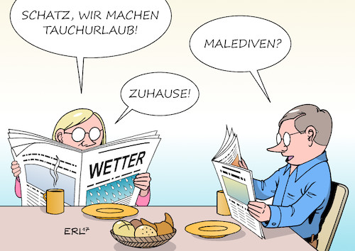 Cartoon: Urlaub (medium) by Erl tagged urlaub,planung,reise,balkonien,zuhause,daheim,tauchen,wetter,regen,starkregen,dauerregen,hochwasser,wasser,tauchurlaub,malediven,karikatur,erl,urlaub,planung,reise,balkonien,zuhause,daheim,tauchen,wetter,regen,starkregen,dauerregen,hochwasser,wasser,karikatur,erl