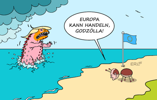 Cartoon: US-Strafzölle EU (medium) by Erl tagged politik,usa,präsident,donald,trump,godzilla,androhung,strafzölle,eu,reaktion,scholz,karikatur,erl,politik,usa,präsident,donald,trump,godzilla,androhung,strafzölle,eu,reaktion,scholz,karikatur,erl