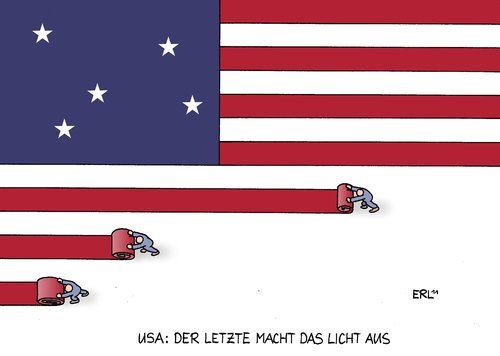 Cartoon: USA (medium) by Erl tagged usa,schulden,krise,pleite,demokraten,republikaner,streit,partei,taktik,finanzkrise,global,wirtschaft,wirtschaftskrise,schuldenkrise,schuldengrenze,präsident,obama,flagge,stars,stripes,stern,streifen,licht,aus,aufräumen,usa,schulden,krise,pleite,demokraten,republikaner,streit,partei,finanzkrise