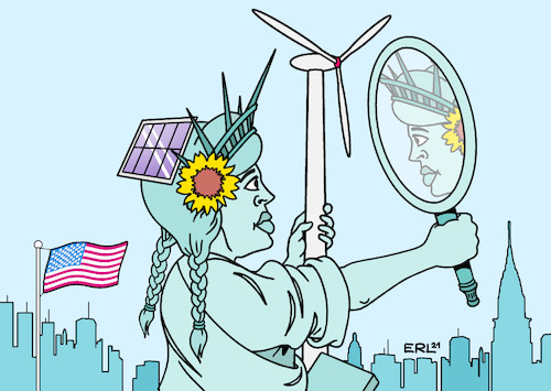 Cartoon: USA im Klima-Wandel (medium) by Erl tagged politik,ökologie,klima,klimawandel,erderwärmung,usa,klimapolitik,donald,trump,ausstieg,klimaabkommen,paris,einstieg,präsident,joe,biden,kehrtwende,vorreiter,alternative,erneuerbare,energien,sonne,wind,solaranlage,windkraft,windrad,reduzierung,co2,ausstoß,klimaziel,greta,thunberg,fridays,for,future,freiheitsstatue,liberty,new,york,karikatur,erl,politik,ökologie,klima,klimawandel,erderwärmung,usa,klimapolitik,donald,trump,ausstieg,klimaabkommen,paris,einstieg,präsident,joe,biden,kehrtwende,vorreiter,alternative,erneuerbare,energien,sonne,wind,solaranlage,windkraft,windrad,reduzierung,co2,ausstoß,klimaziel,greta,thunberg,fridays,for,future,freiheitsstatue,liberty,new,york,karikatur,erl