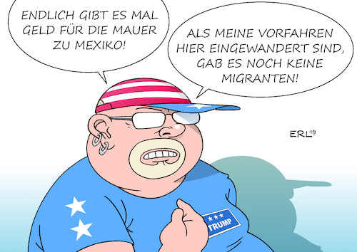 Cartoon: USA Mauer Migration (medium) by Erl tagged politik,usa,präsident,donald,trump,rechtspopulismus,nationalismus,rassismus,abschottung,mauer,mexiko,geld,migration,migranten,mittelamerika,südamerika,amerika,einwanderung,einwanderungsland,vorfahren,karikatur,erl,politik,usa,präsident,donald,trump,rechtspopulismus,nationalismus,rassismus,abschottung,mauer,mexiko,geld,migration,migranten,mittelamerika,südamerika,amerika,einwanderung,einwanderungsland,vorfahren,karikatur,erl