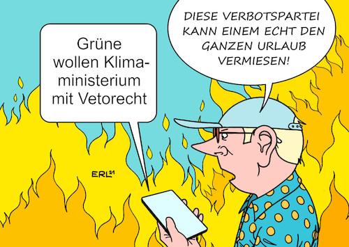 Cartoon: Verbotspartei (medium) by Erl tagged politik,partei,bündnis,90,die,grünen,grüne,klimaschutzpaket,forderung,klimaschutzministerium,klimaministerium,vetorecht,vorwurf,ruf,verbotspartei,klima,klimawandel,erderwärmung,extremwetter,starkregen,hochwsser,hitze,dürre,waldbrände,südeuropa,tourismus,urlaub,urlauber,nachtrichten,handy,smartphone,karikatur,erl,politik,partei,bündnis,90,die,grünen,grüne,klimaschutzpaket,forderung,klimaschutzministerium,klimaministerium,vetorecht,vorwurf,ruf,verbotspartei,klima,klimawandel,erderwärmung,extremwetter,starkregen,hochwsser,hitze,dürre,waldbrände,südeuropa,tourismus,urlaub,urlauber,nachtrichten,handy,smartphone,karikatur,erl