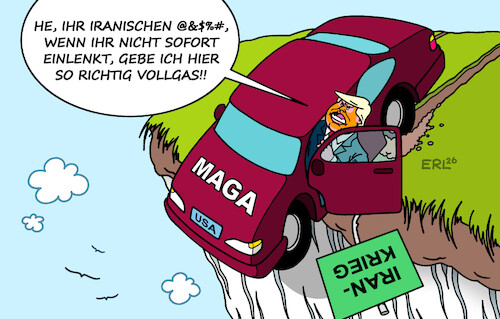 Cartoon: Verfahrene Situation (medium) by Erl tagged politik,usa,angriff,krieg,iran,blockade,straße,hormus,anstieg,ölpreis,spritpreis,trump,ultimatum,hasstiraden,eskalation,auto,vollgas,abgrund,karikatur,erl,politik,usa,angriff,krieg,iran,blockade,straße,hormus,anstieg,ölpreis,spritpreis,trump,ultimatum,hasstiraden,eskalation,auto,vollgas,abgrund,karikatur,erl