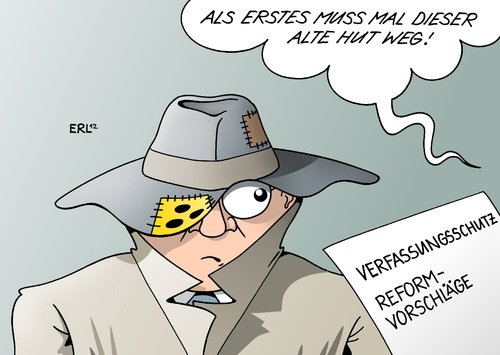 Cartoon: Verfassungsschutz (medium) by Erl tagged bundesamt,für,verfassungsschutz,versagen,neonazis,nsu,mord,serie,mordserie,leute,akten,vernichtung,rücktritt,präsident,heinz,fromm,reform,schlapphut,rechtes,auge,blind,bundesamt,verfassungsschutz,neonazis,nsu,mord,mordserie,akten,vernichtung,rücktritt,präsident