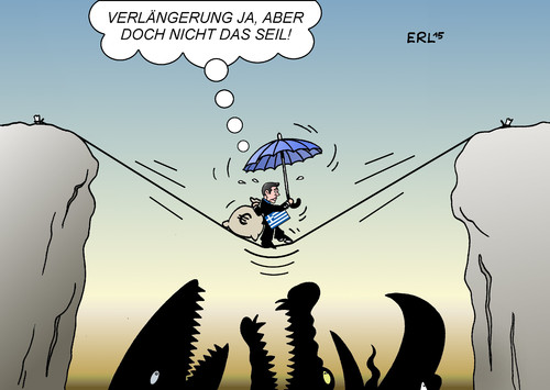 Cartoon: Verlängerung für Griechenland (medium) by Erl tagged griechenland,krise,schulden,euro,kredit,hilfe,verlängerung,bedingung,reformen,sparkurs,regierung,tsipras,varoufakis,wahlversprechen,reformliste,schäuble,eu,ezb,iwf,troika,geld,finanzen,pleite,grexit,pleitegeier,ungeheuer,schlucht,seiltanz,karikatur,erl,griechenland,krise,schulden,euro,kredit,hilfe,verlängerung,bedingung,reformen,sparkurs,regierung,tsipras,varoufakis,wahlversprechen,reformliste,schäuble,eu,ezb,iwf,troika,geld,finanzen,pleite,grexit,pleitegeier,ungeheuer,schlucht,seil,seiltanz