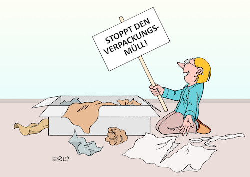 Cartoon: Verpackungsmüll (medium) by Erl tagged politik,umwelt,ökologie,müll,plastikmüll,verpackungsmüll,verpackung,ware,online,versandhandel,bestellung,schild,protest,karikatur,erl,politik,umwelt,ökologie,müll,plastikmüll,verpackungsmüll,verpackung,ware,online,versandhandel,bestellung,schild,protest,karikatur,erl