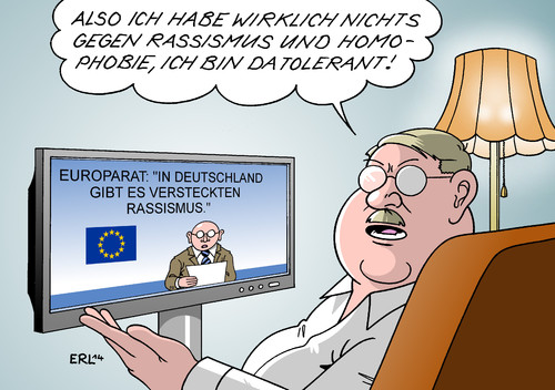 Cartoon: Versteckter Rassismus II (medium) by Erl tagged europarat,eu,bericht,deutschland,rassismus,homophobie,versteckt,hautfarbe,homosexualität,europarat,eu,bericht,deutschland,rassismus,homophobie,versteckt,hautfarbe,homosexualität