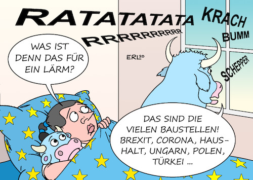 Cartoon: Viel Lärm (medium) by Erl tagged politik,eu,baustellen,corona,virus,pandemie,covid19,coronahilfen,haushalt,geld,verknüpfung,rechtsstaatlichkeit,veto,blockade,ungarn,polen,brexit,austritt,großbritannien,handelsabkommen,verhandlungen,konflikt,türkei,erdogan,kriege,europa,stier,karikatur,erl,politik,eu,baustellen,corona,virus,pandemie,covid19,coronahilfen,haushalt,geld,verknüpfung,rechtsstaatlichkeit,veto,blockade,ungarn,polen,brexit,austritt,großbritannien,handelsabkommen,verhandlungen,konflikt,türkei,erdogan,kriege,europa,stier,karikatur,erl