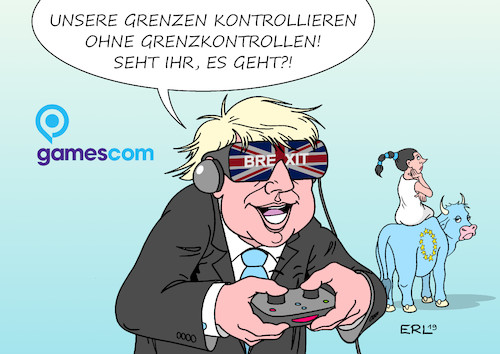 Cartoon: Virtual Reality (medium) by Erl tagged politik,brexit,großbritannien,gb,uk,premierminister,boris,johnson,vertrag,eu,nachverhandlungen,backstop,streichung,kontrolle,grenzen,grenzkontrollen,irland,nordirland,gamescom,messe,köln,computerspiele,virtual,reality,europa,stier,karikatur,erl,politik,brexit,großbritannien,gb,uk,premierminister,boris,johnson,vertrag,eu,nachverhandlungen,backstop,streichung,kontrolle,grenzen,grenzkontrollen,irland,nordirland,gamescom,messe,köln,computerspiele,virtual,reality,europa,stier,karikatur,erl