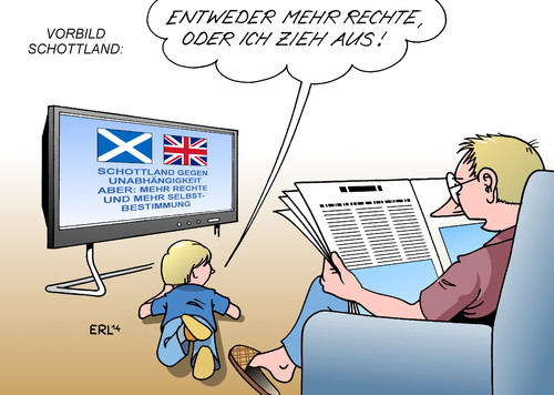 Cartoon: Vorbild Schottland (medium) by Erl tagged schottland,referendum,abstimmung,unabhängigkeit,nein,spaltung,gegner,befürworter,vereinigtes,königreich,großbritannien,zugeständnis,autonomie,selbstbestimmung,vorbild,beispiel,kind,sohn,vater,schottland,referendum,abstimmung,unabhängigkeit,nein,spaltung,gegner,befürworter,vereinigtes,königreich,großbritannien,zugeständnis,autonomie,selbstbestimmung,vorbild,beispiel,kind,sohn,vater