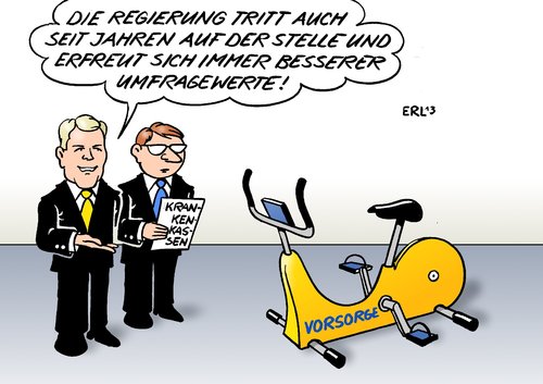 Cartoon: Vorsorge (medium) by Erl tagged besserung,umfragewerte,gelb,schwarz,fdp,csu,cdu,regierung,hometrainer,geld,bahr,daniel,gesundheitsminister,krankenkassen,kosten,heilung,vorsorge,gesundheit,vorsorge