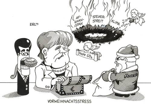 Cartoon: Vorweihnachtsstress (medium) by Erl tagged angela merkel,guttenberg,carstensen,probleme,kundus,afghanistan,steuerstreit,klima,vorweihnachtsstress,weihnachten,stress,klimawandel,krieg,militär,steuern,angela,merkel