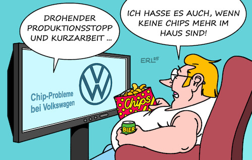 Cartoon: VW (medium) by Erl tagged politik,industrie,auto,volkswagen,vw,kurzarbeit,produktionsstopp,chip,lieferengpass,fernsehen,bier,chips,karikatur,erl,politik,industrie,auto,volkswagen,vw,kurzarbeit,produktionsstopp,chip,lieferengpass,fernsehen,bier,chips,karikatur,erl